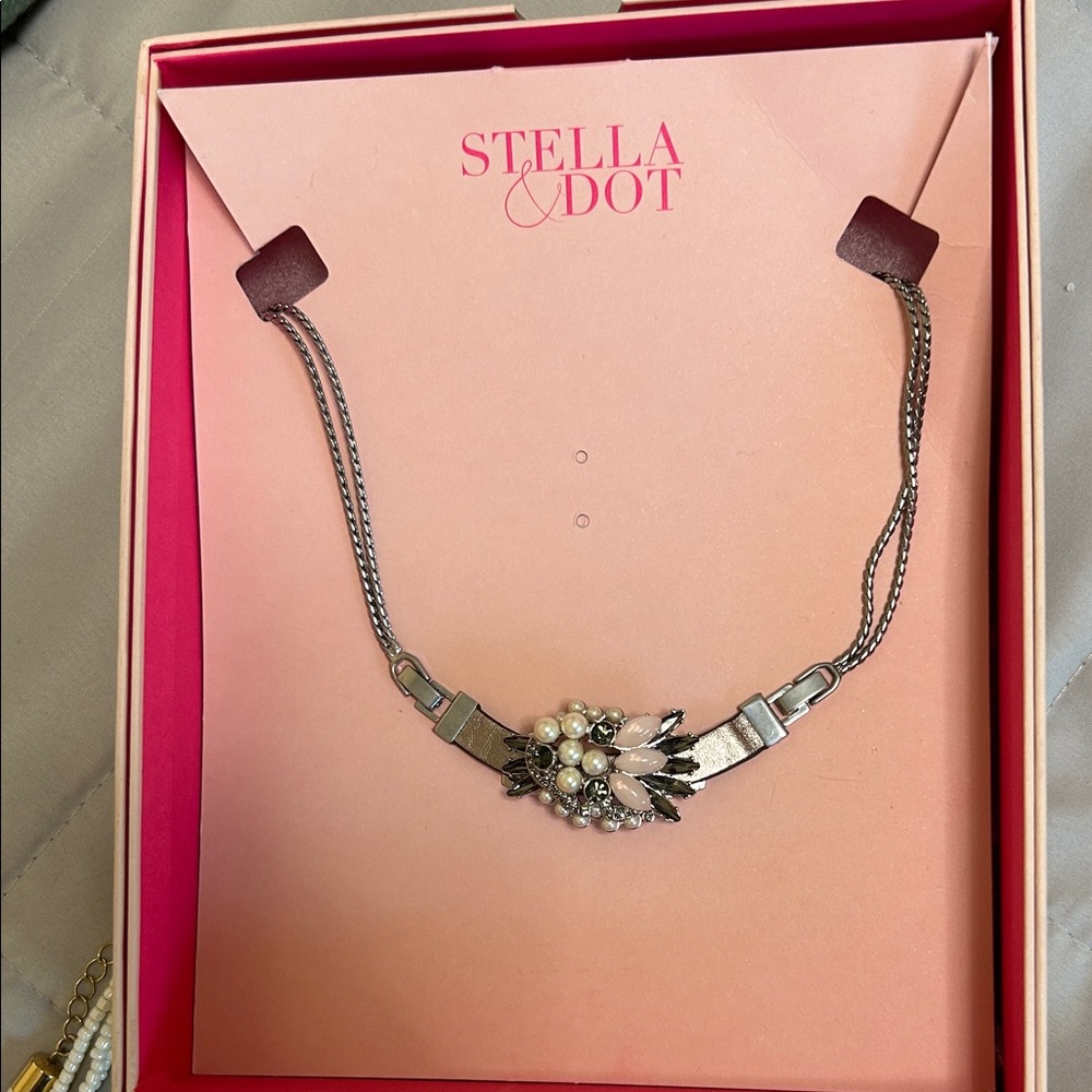 Stella & Dot Silver Necklace with Pearl and Crystal Accents